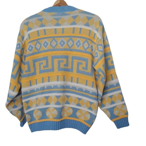 Vintage 90s Cabin Creek Womens M Sweater Geometric Blue Yellow Pullover Retro - Picture 2 of 7